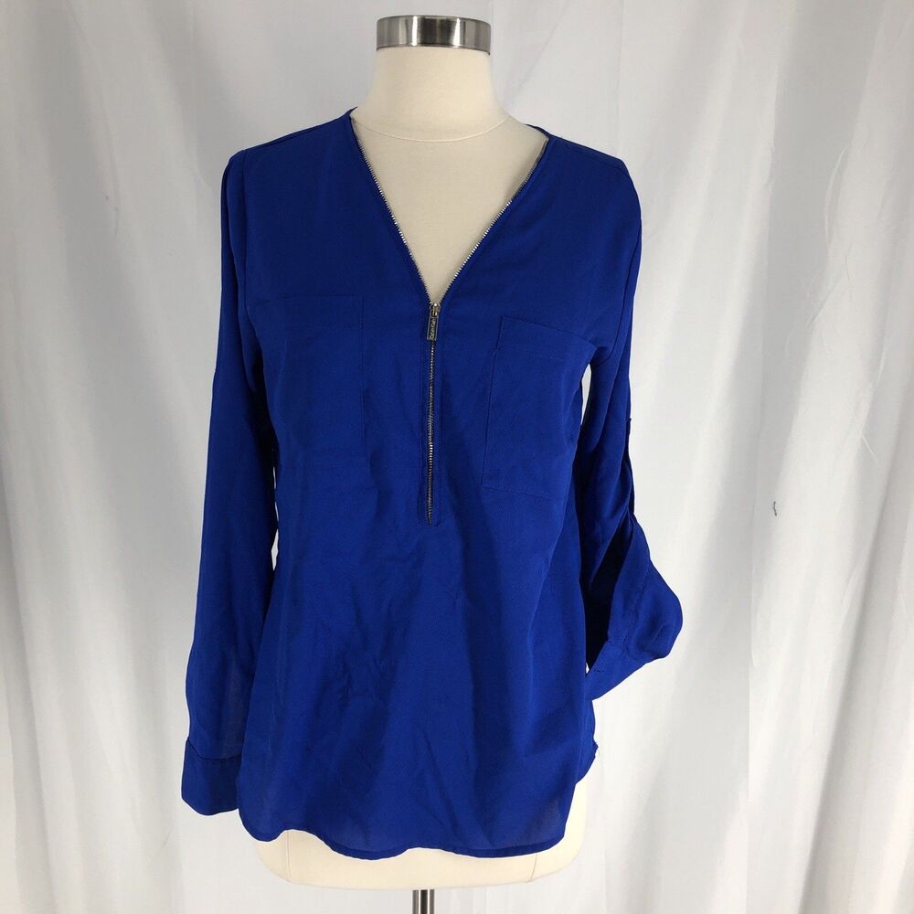 Zipper V Neck Blue CALVIN KLEIN Blouse Roll Up Sleeves XS
